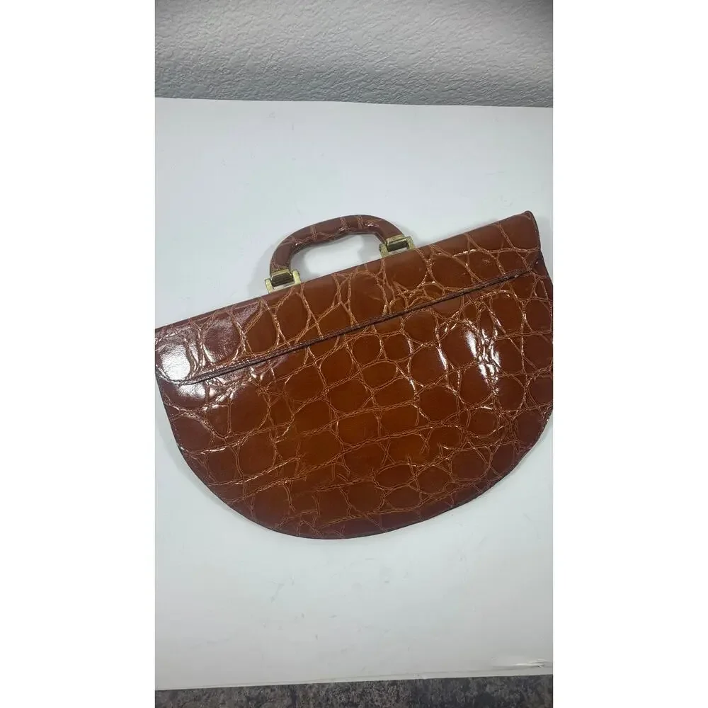 VTG Andrew Geller Handbag Croc Embossed Leather Brown Handbag Brass